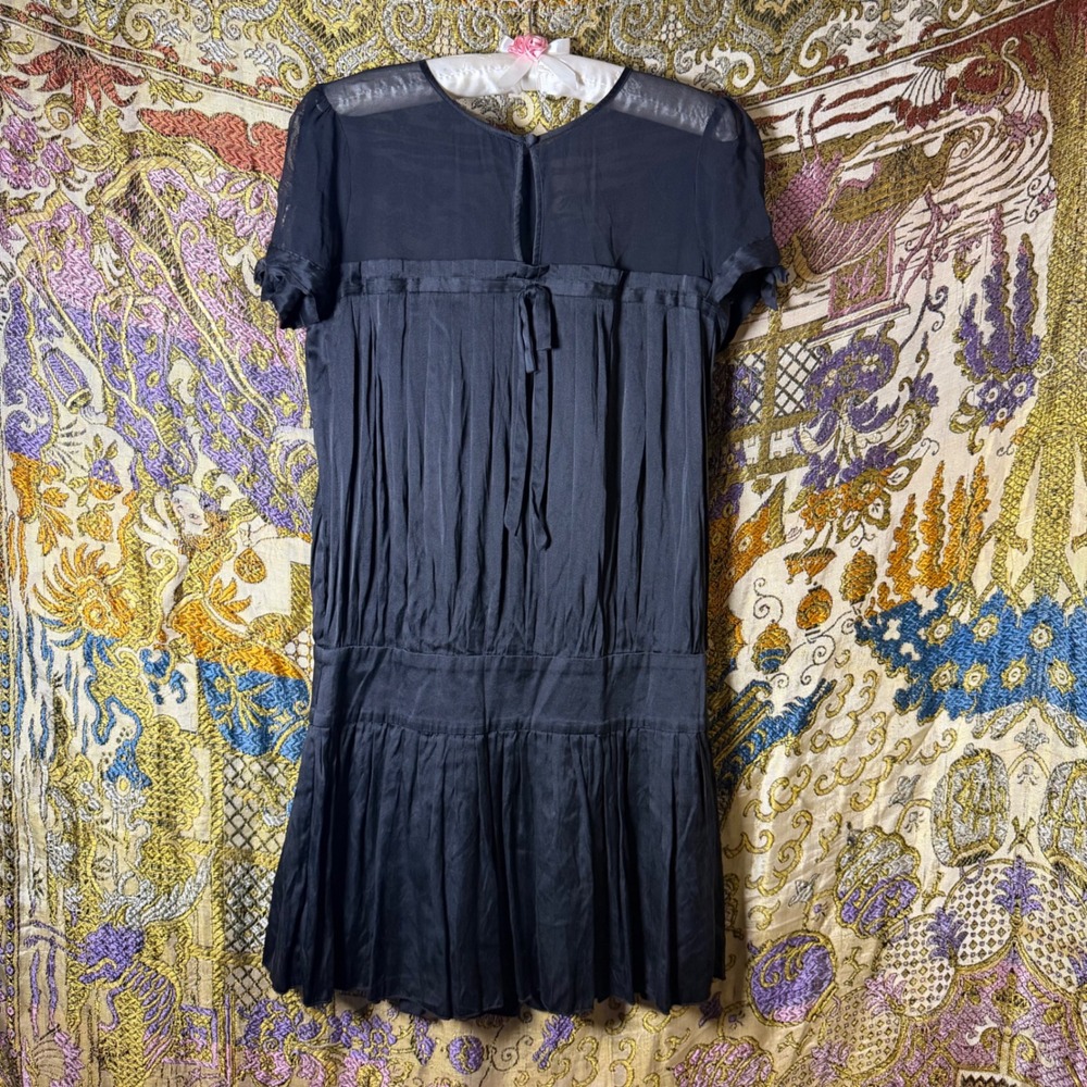 Early 2000's Black Silk Drop Waist Whimsigoth Twee Belted Chic Mini Dress Size S